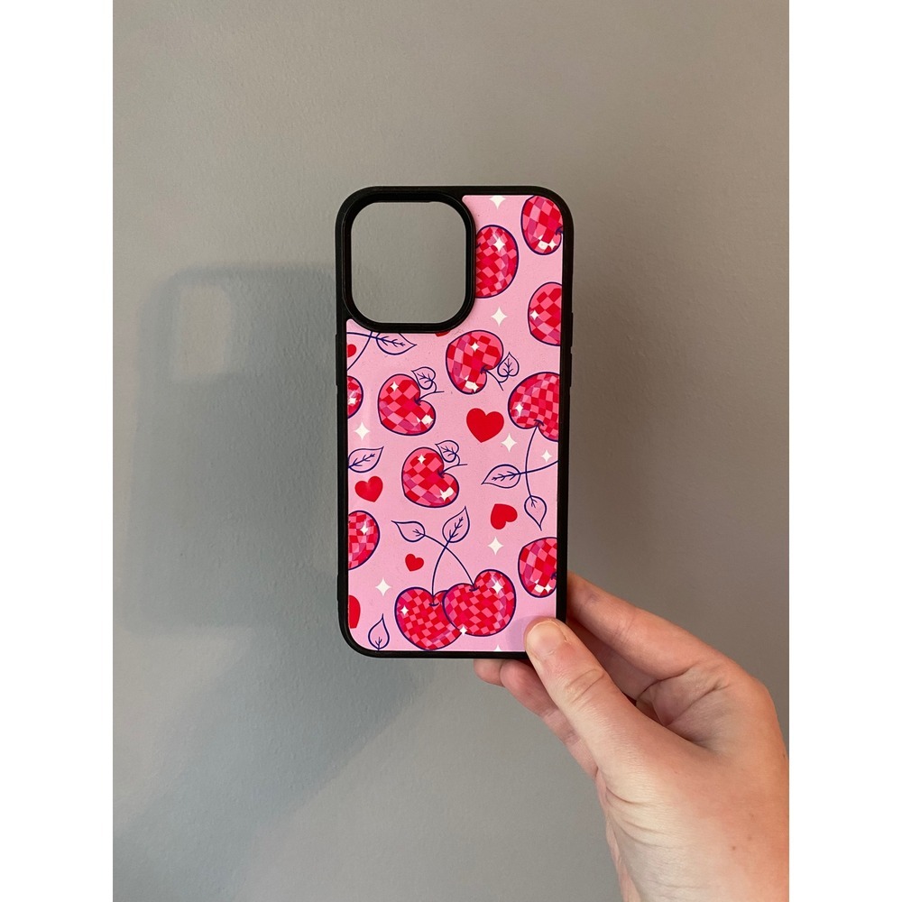 Phone Case iPhone 15 Pro Max Pink Disco Cherry Heart Checkered Bumper Case